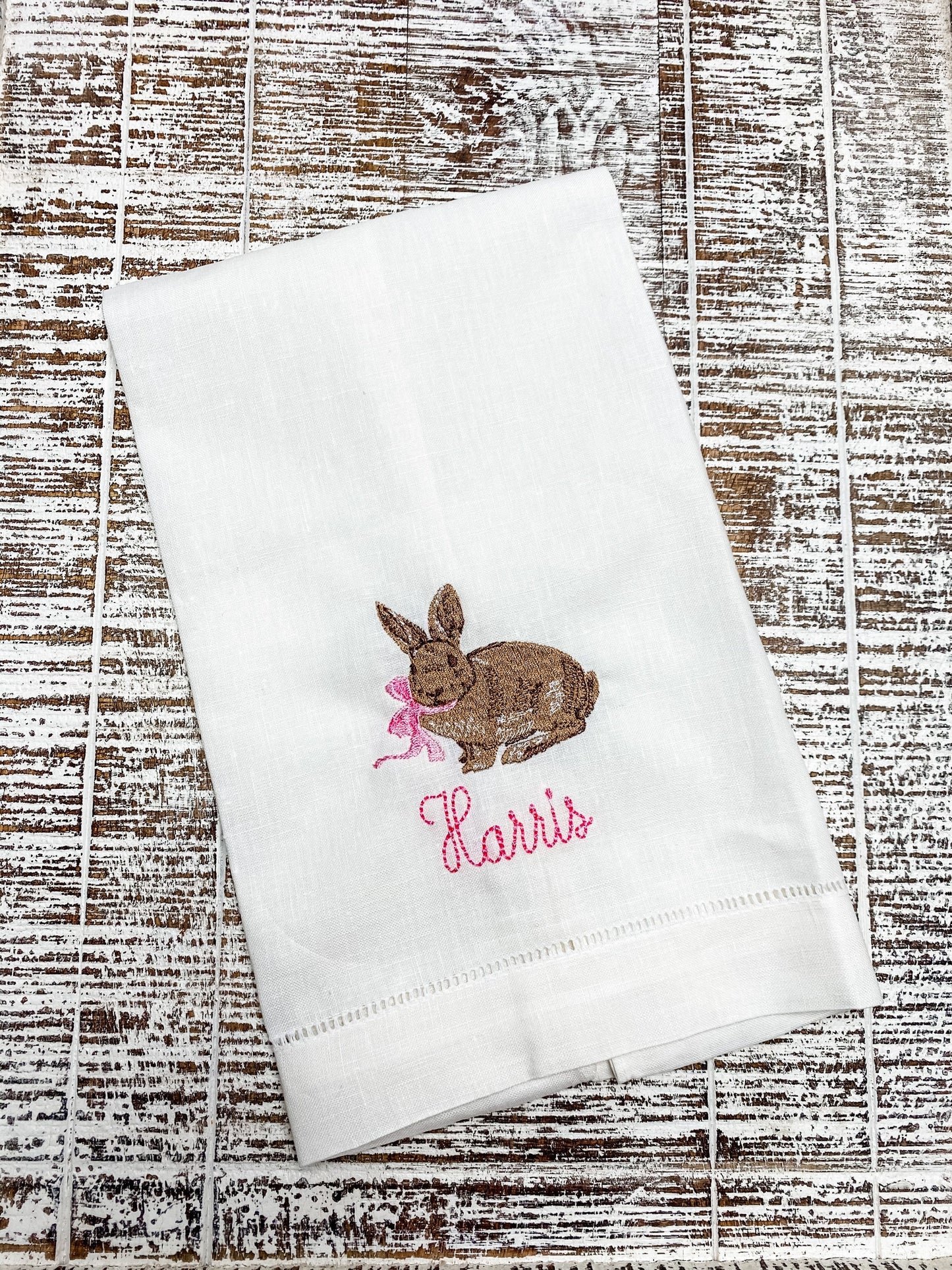 Rabbit Tea Towel - Bunny Hand Towel - Easter - linen Hemstitched Towel