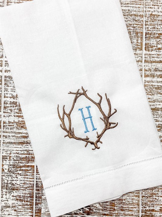 Embroidered Tea Towel / Antler Design with Personalization / Hand Towel