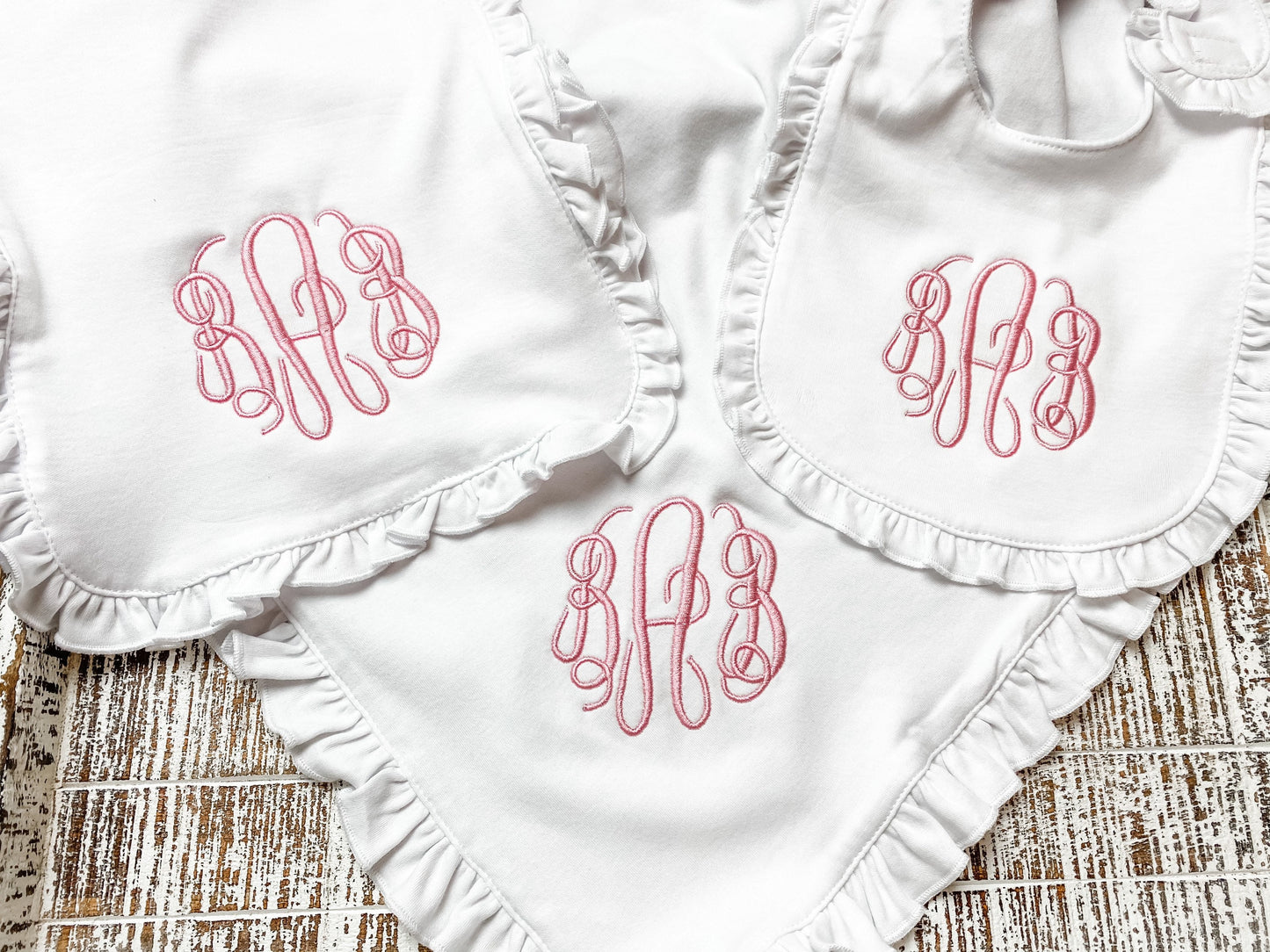 Monogram Ruffle Baby Bib - Blanket- Burp Cloth- Baby Gift - Personalized Baby Bib - Ruffle Blanket Set - Baby Girl