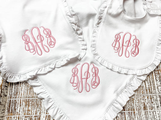 Monogram Ruffle Baby Bib - Blanket- Burp Cloth- Baby Gift - Personalized Baby Bib - Ruffle Blanket Set - Baby Girl