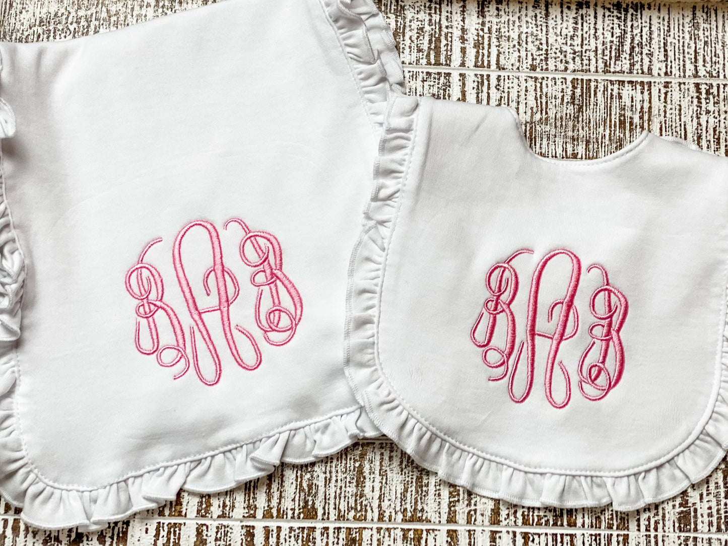 Monogram Ruffle Baby Bib - Blanket- Burp Cloth- Baby Gift - Personalized Baby Bib - Ruffle Blanket Set - Baby Girl