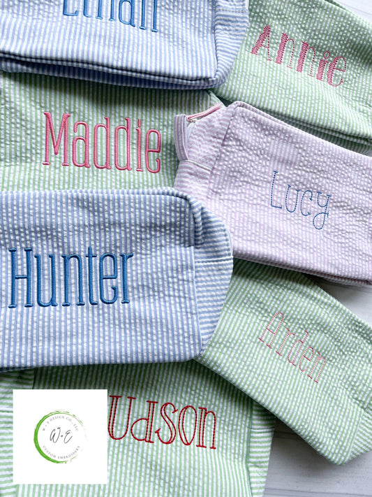 Personalized Seersucker Toiletry Bag, Monogrammed Cosmetic Bag, Gift for Women, Travel Bag, Ballet Bag, Diaper Bag