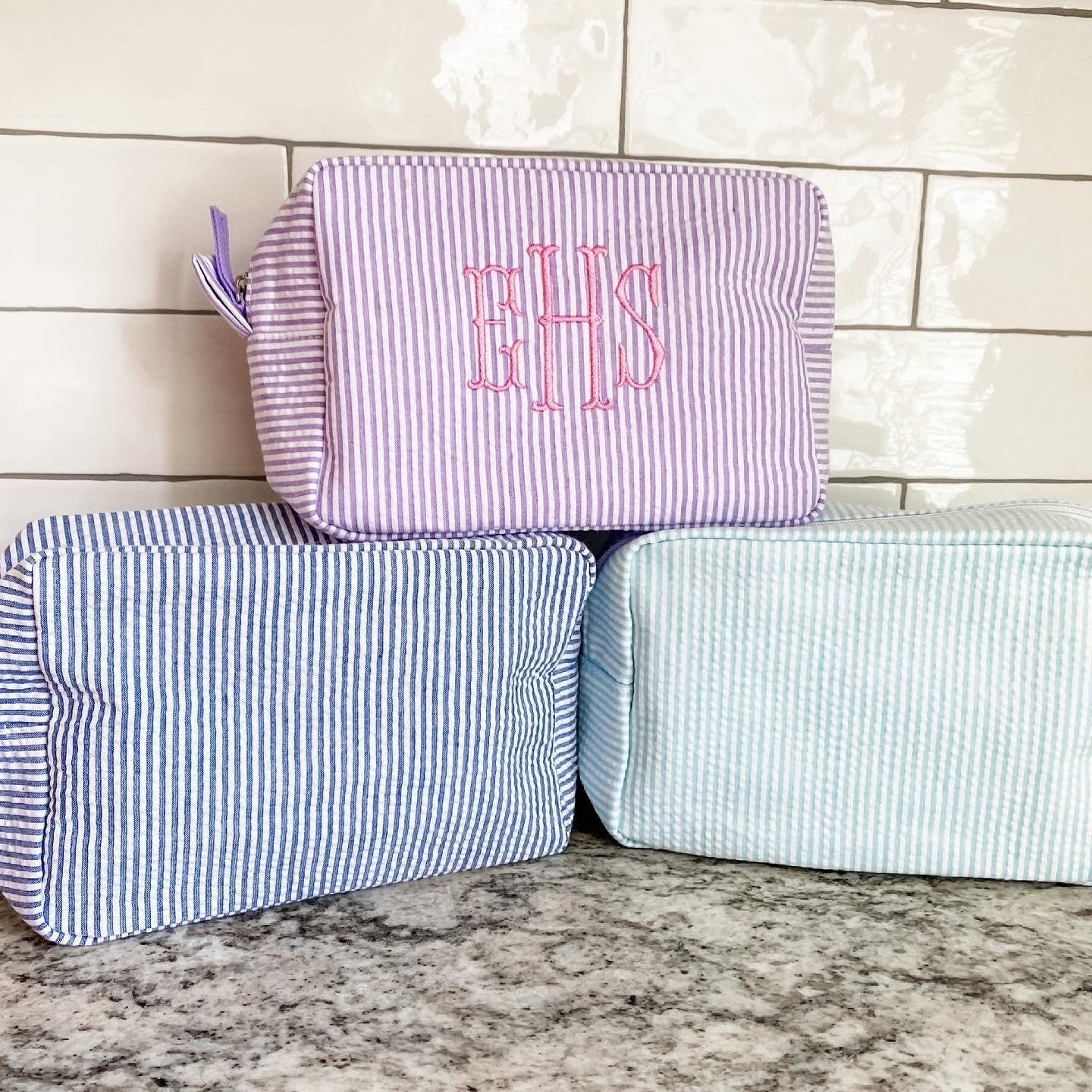 Personalized Seersucker Toiletry Bag, Monogrammed Cosmetic Bag, Gift for Women, Travel Bag, Ballet Bag, Diaper Bag